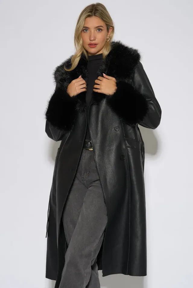 Gini London cappotto ecopelle wrap nero pelliccia