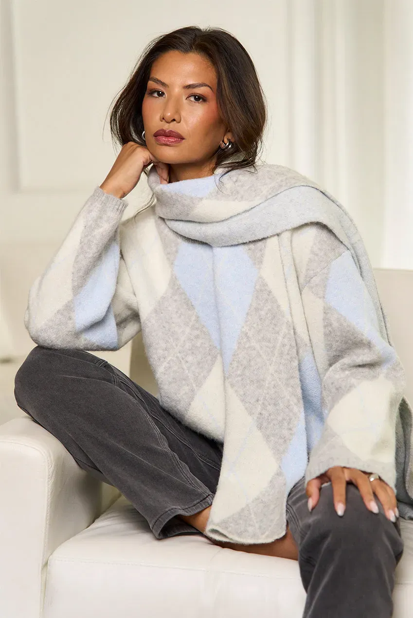 Gini London Multi Argyle maglione con sciarpa Multi M/L morbido