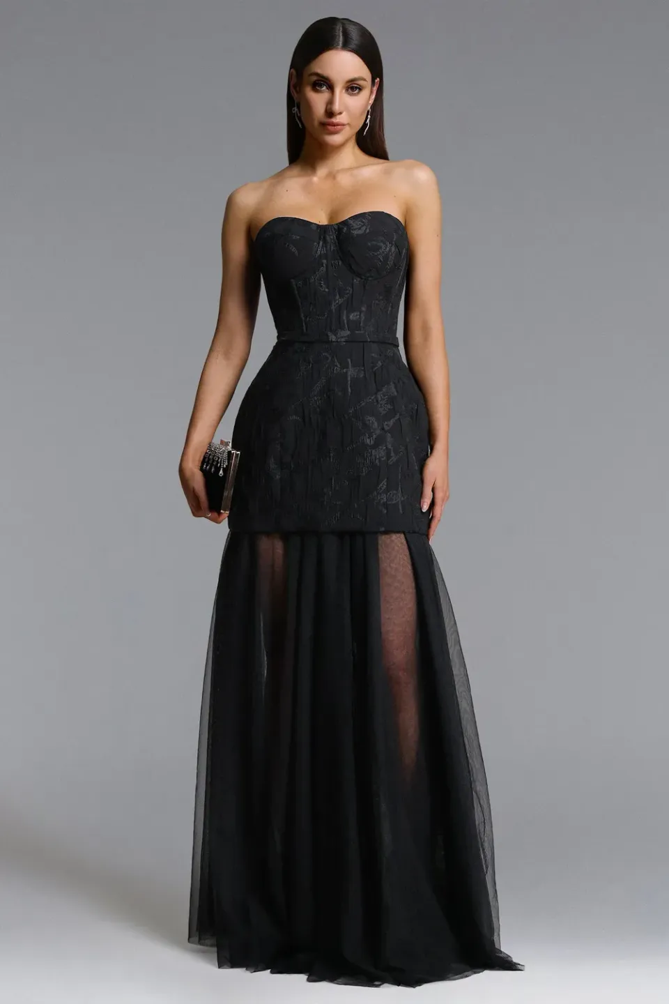 Bella Barnett Margo abito maxi nero jacquard monospalla