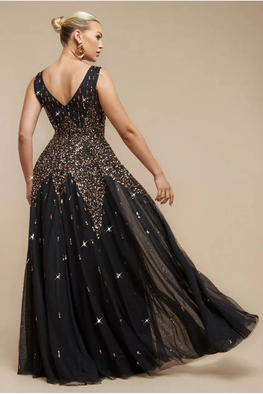 Goddiva Sunray maxi abito nero paillettes scollo V senza maniche