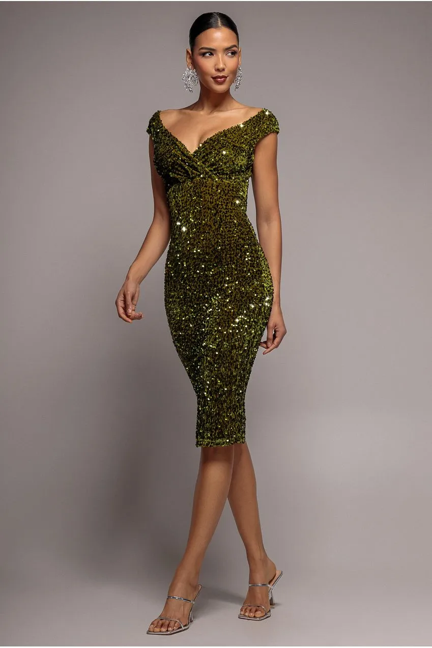 Goddiva Multi Sequin Velvet Bardot abito midi verde oliva