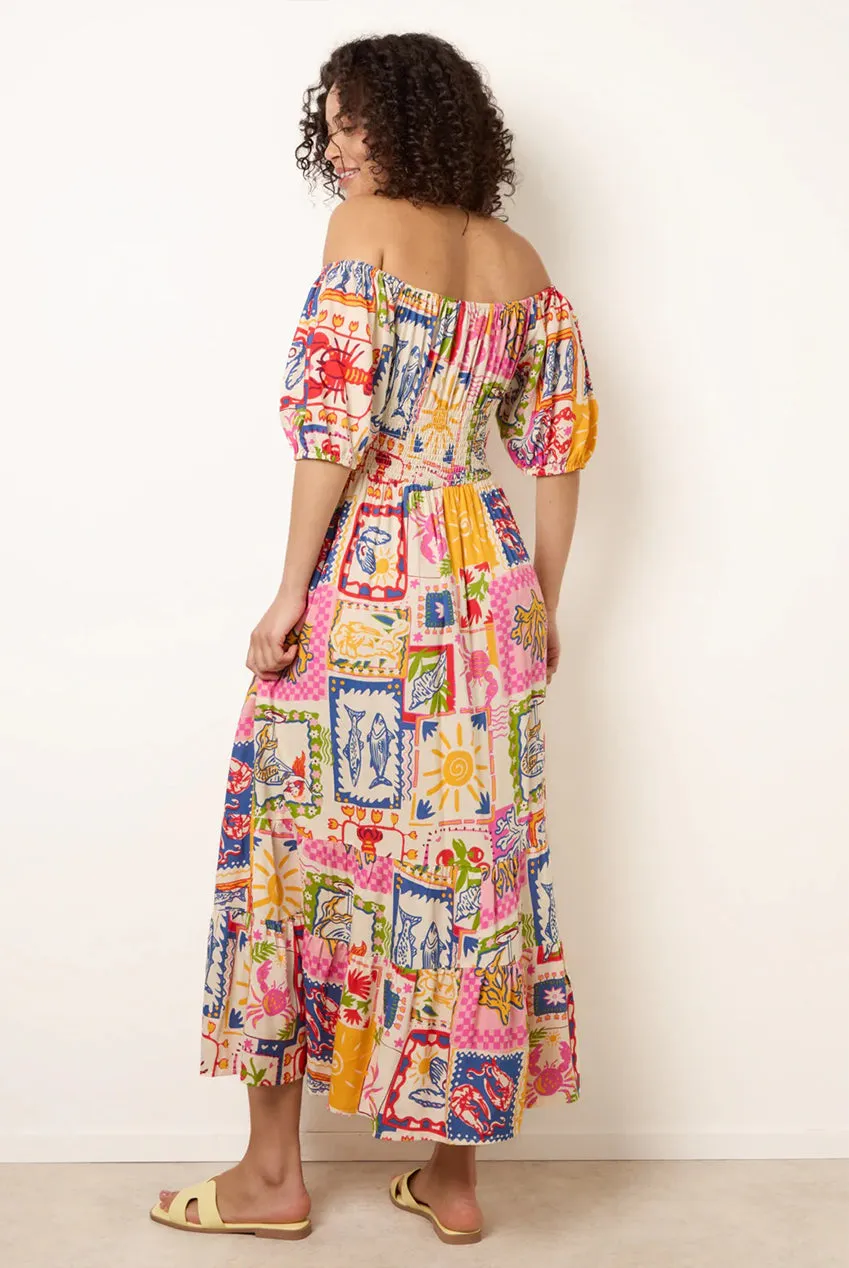 Blue Vanilla Abito Midi Bardot Viscosa Stampa Postcard Multi S