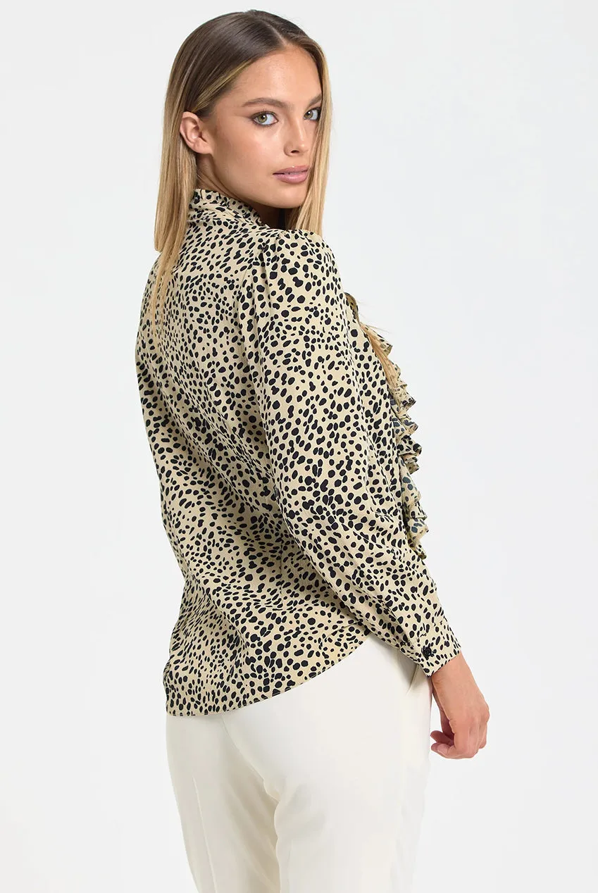 Liquorish camicetta leopardata beige volant manica lunga