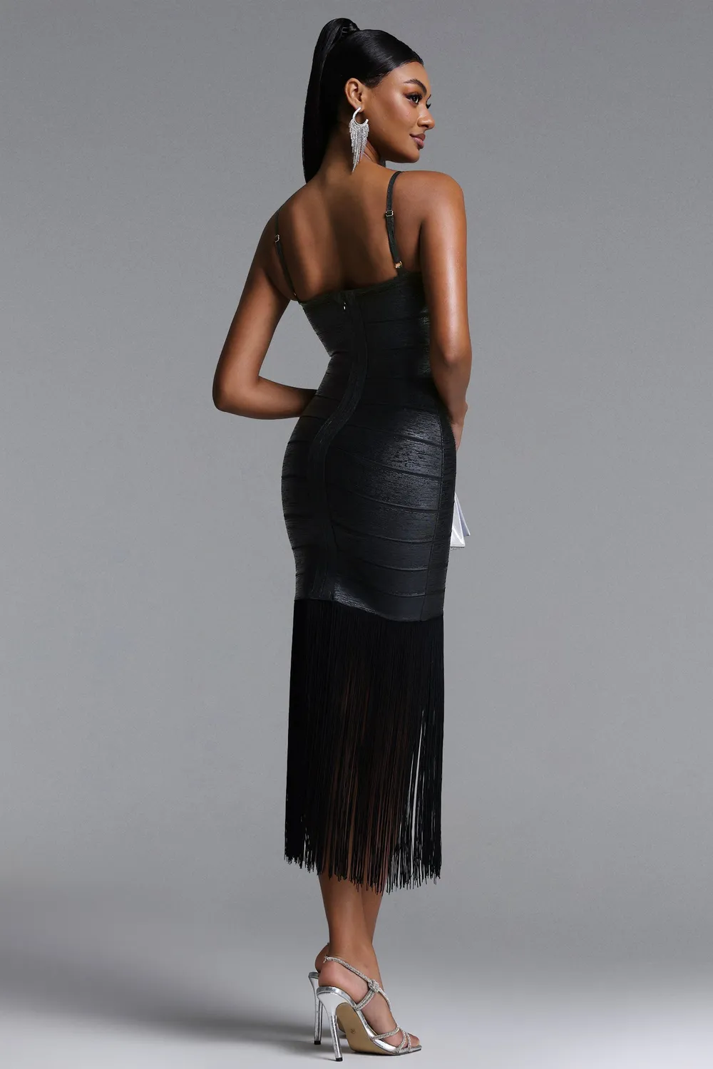 Bella Barnett Demere abito maxi bandage nero frange
