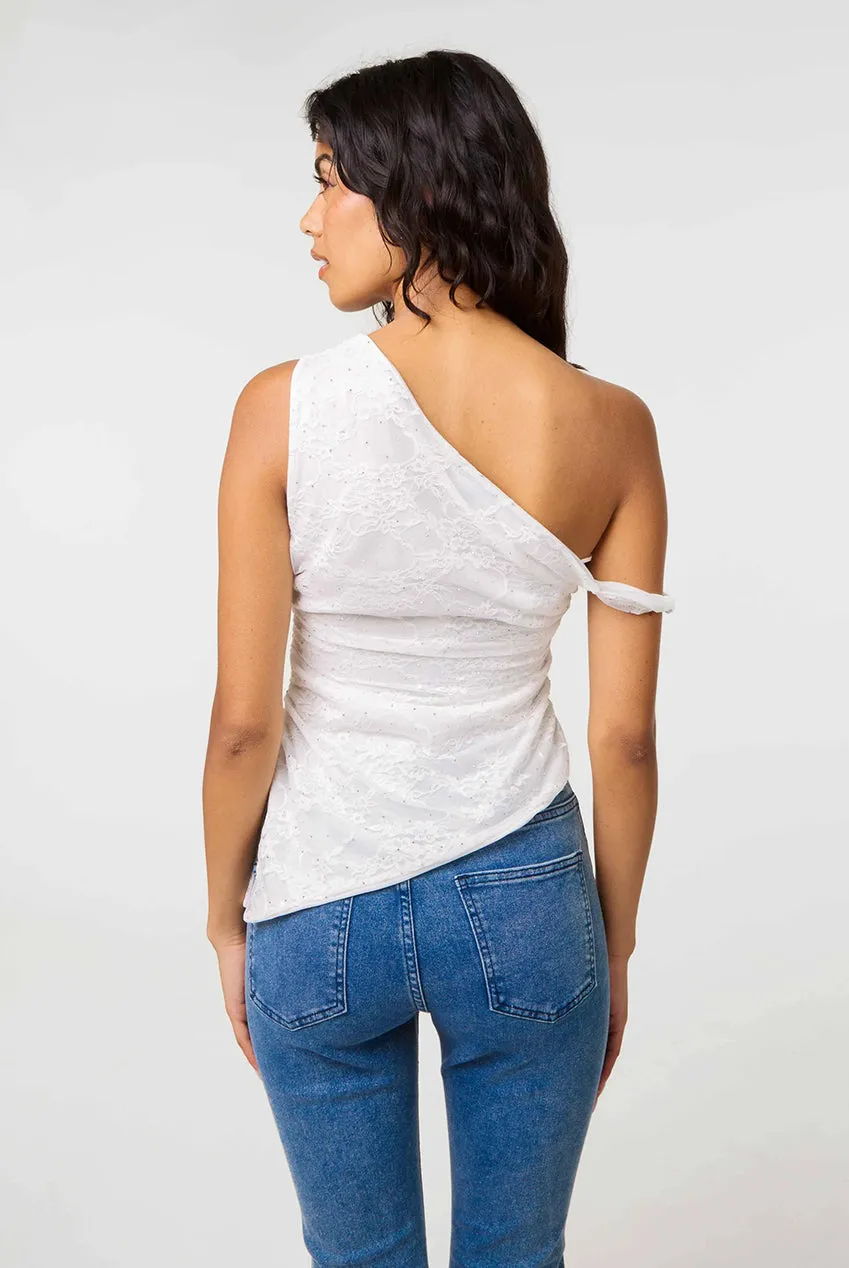 Pink Vanilla Diamante Lace top off-shoulder avorio in pizzo