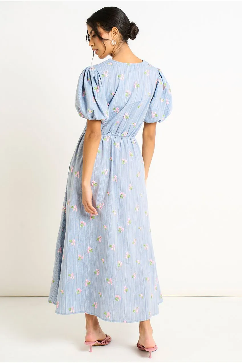 Gini London abito midi cotone azzurro maniche sbuffo