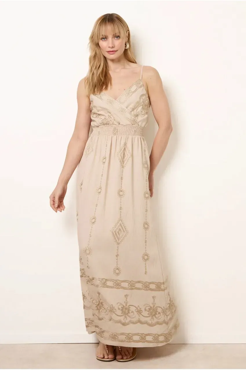 Blue Vanilla Embroidered Abito maxi stone ricamo spalline