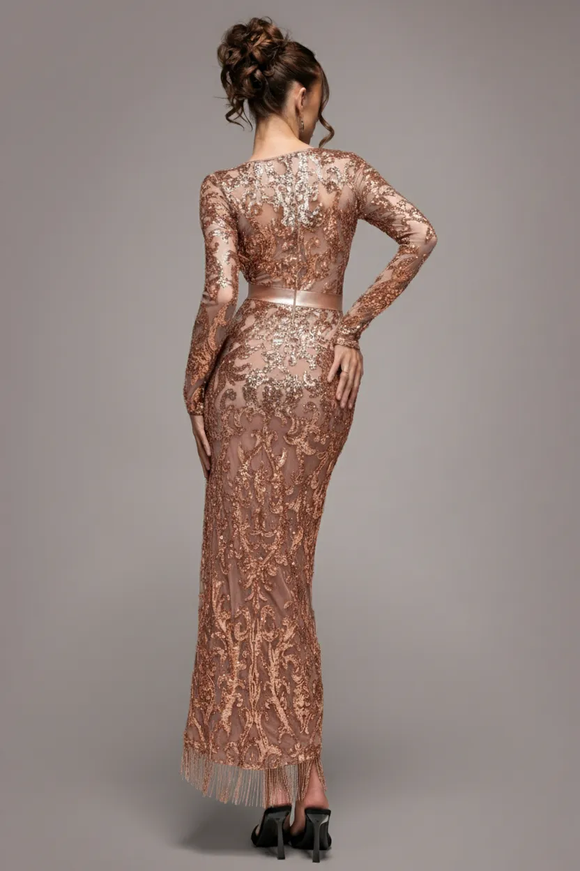 Goddiva Tassel Sequin Abito midaxi champagne spacco