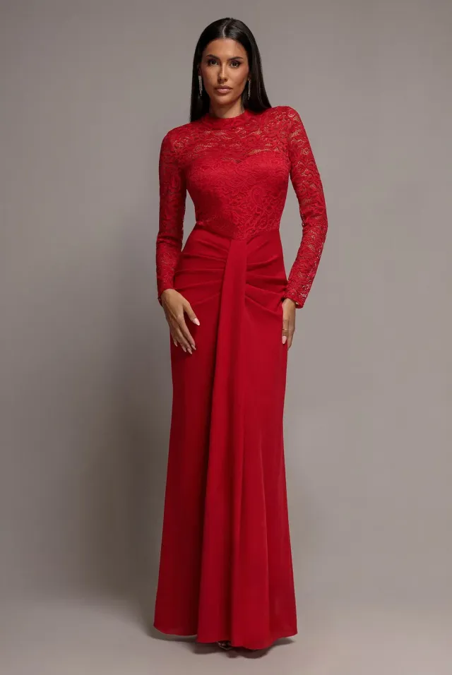 Goddiva Lace High Neck abito lungo pizzo rosso collo alto