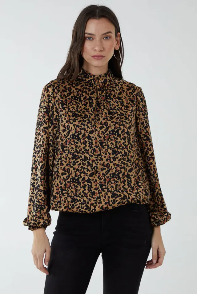 Blue Vanilla top marrone leopardato satin collo alto