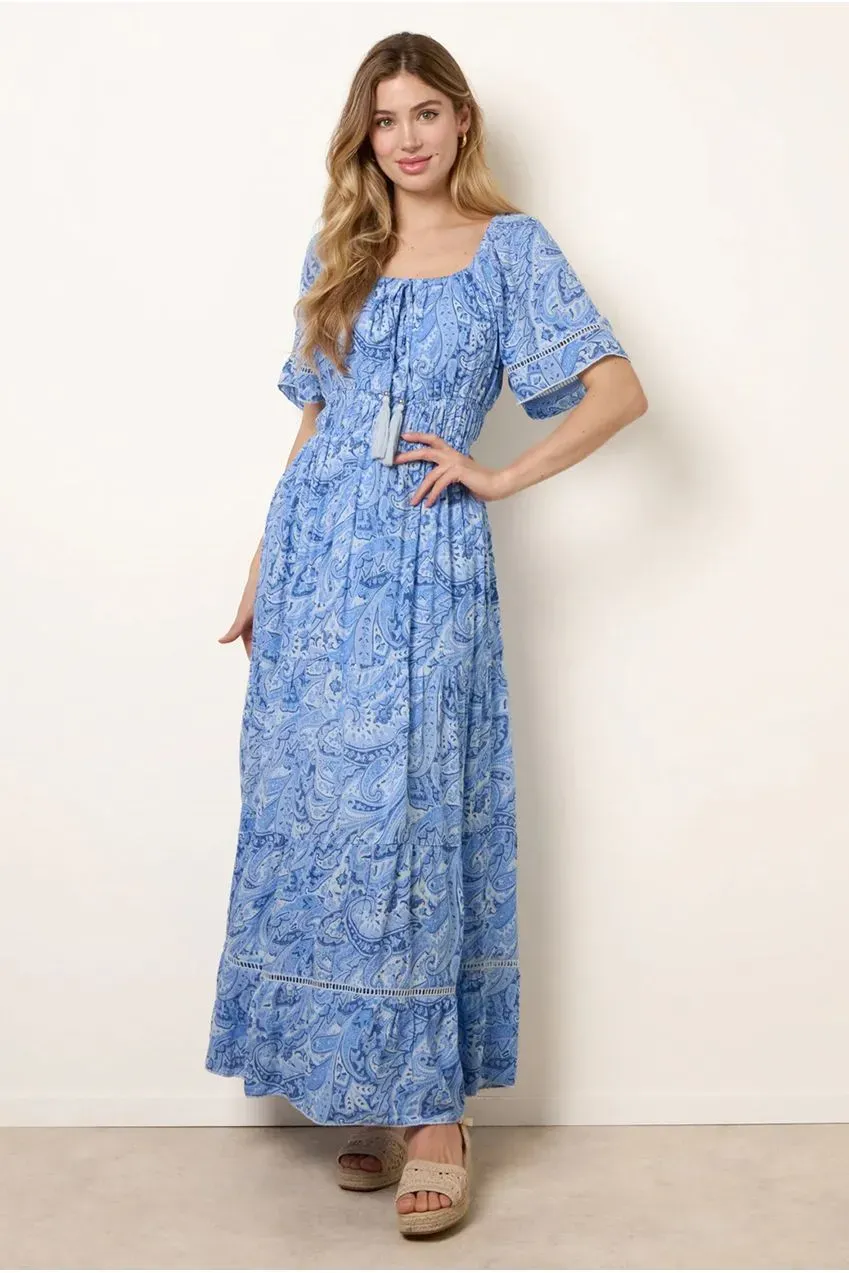 Goddiva Blue Vanilla Ladder Abito maxi blu paisley S bardot