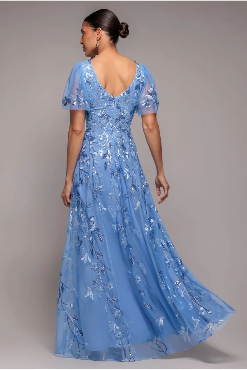 Goddiva Flared Sleeve abito maxi blu fiordaliso