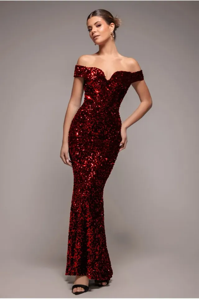 Goddiva Sequin Velvet Bardot abito lungo rosso velluto paillettes