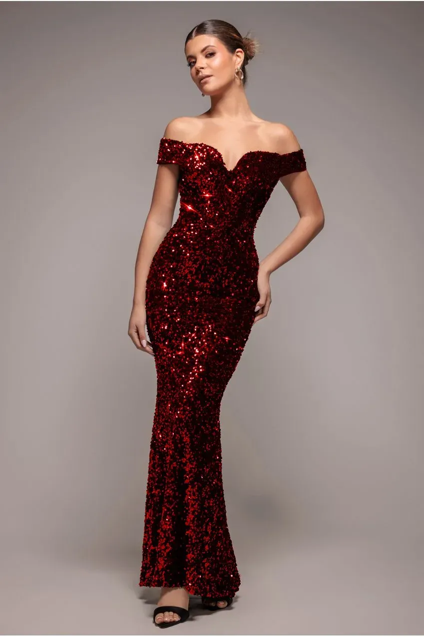 Goddiva Sequin Velvet Bardot abito lungo rosso velluto paillettes