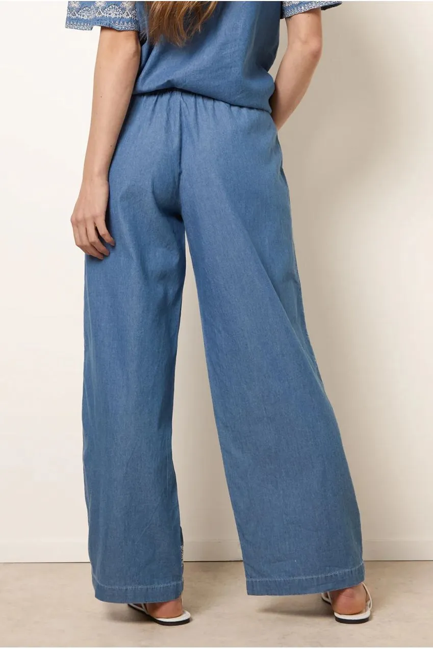Blue Vanilla ricamo floreale pantaloni palazzo blu denim
