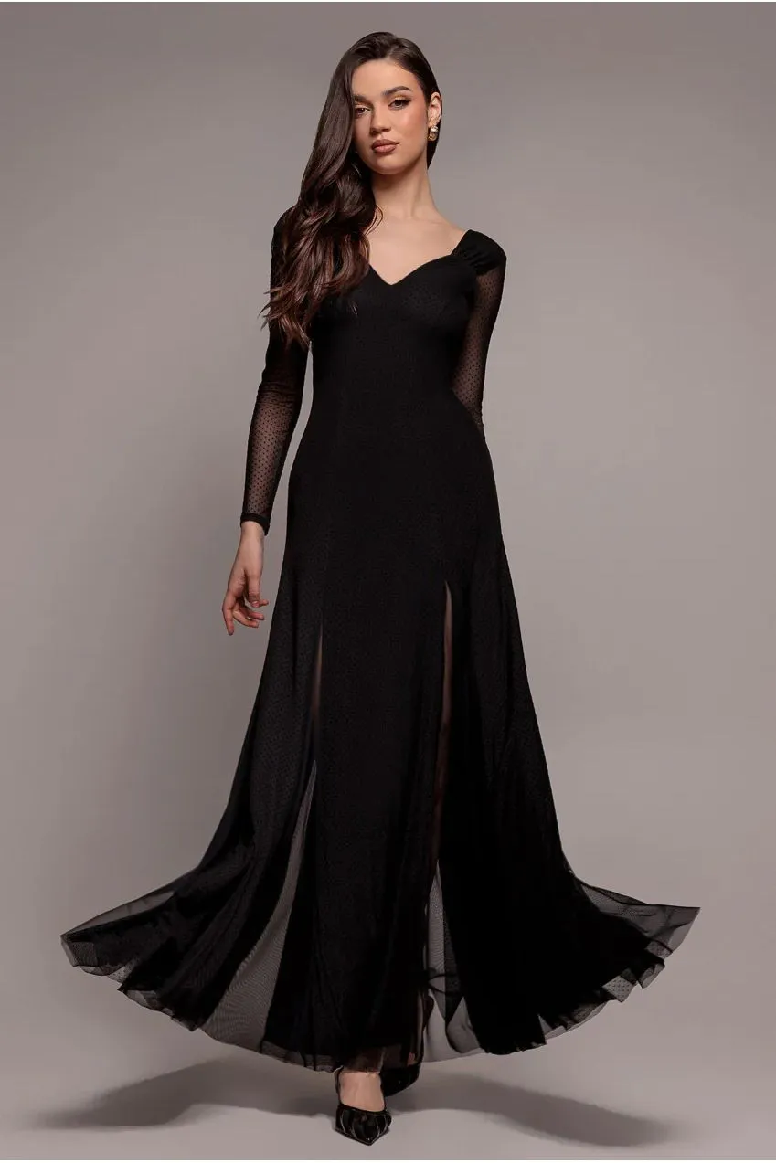 Goddiva Dobby Mesh Insert Abito Maxi Nero a trapezio