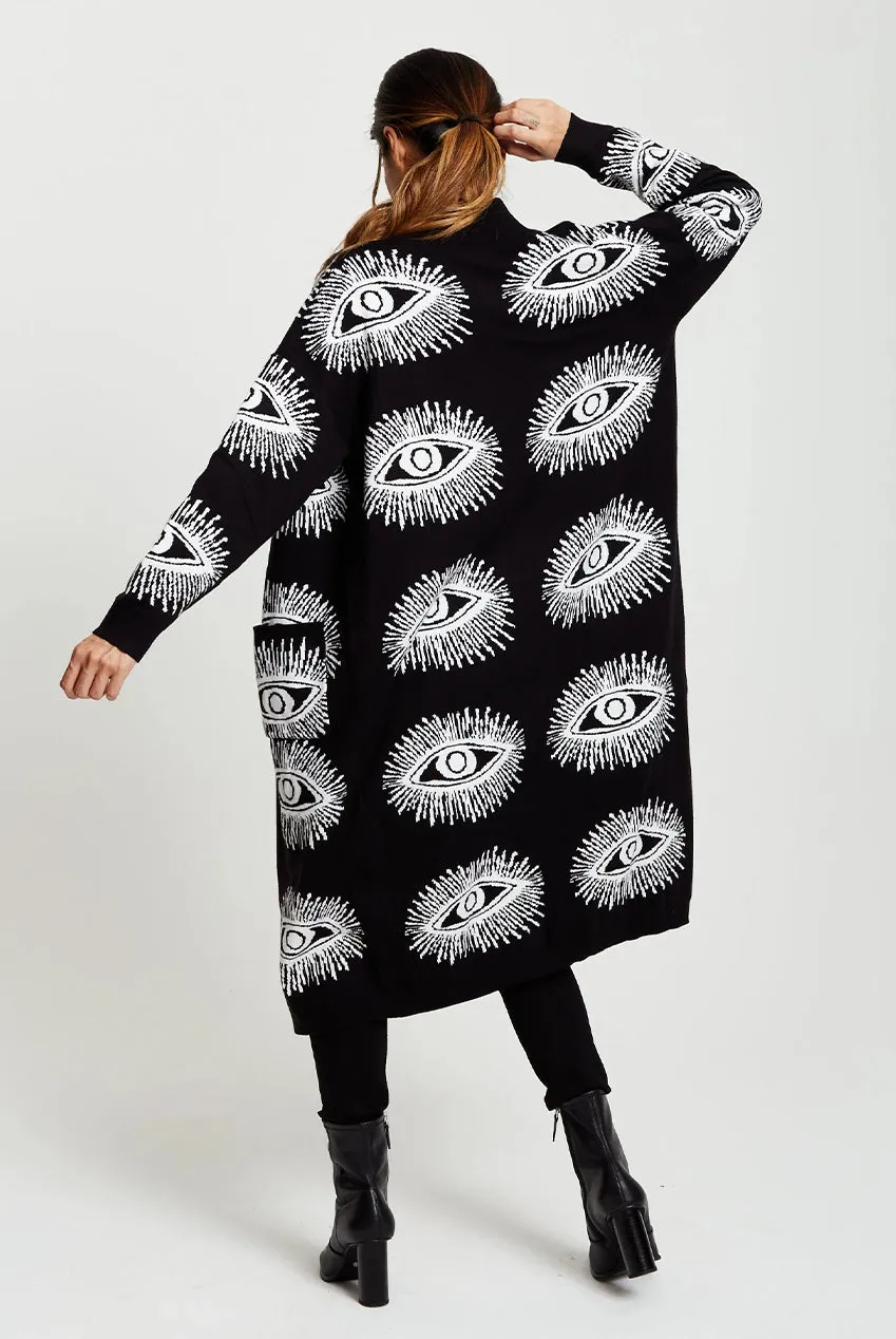 Liquorish Longline Eye Pattern cardigan nero lungo