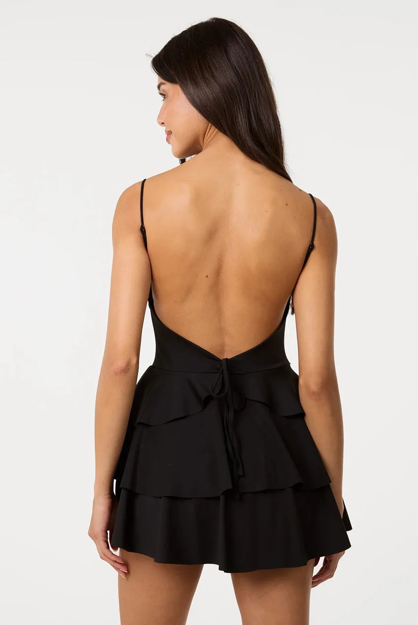Pink Vanilla vestito bustier nero corto balze serata