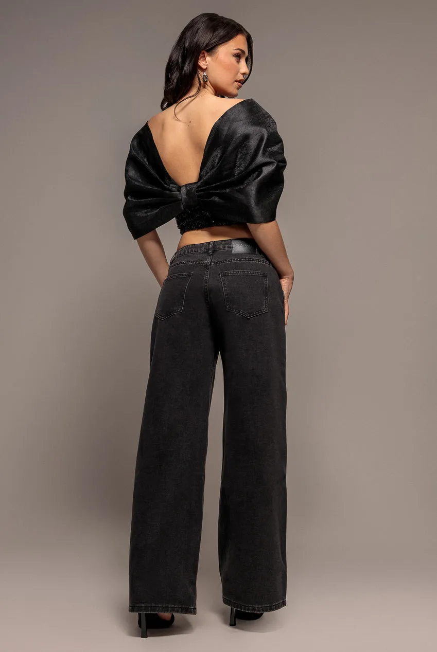 Goddiva Off Shoulder top corsetto nero fiocco raso