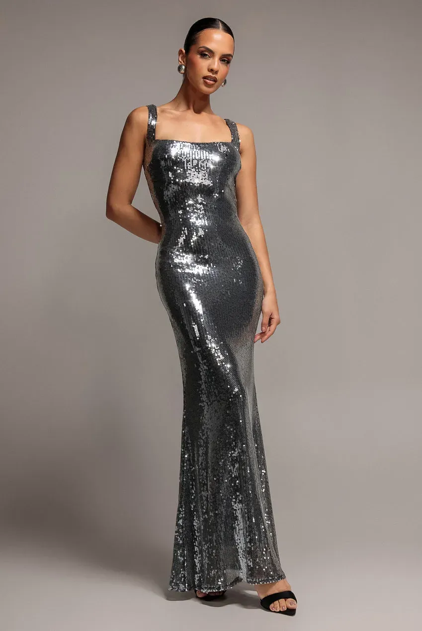 Goddiva Sequin Mermaid abito maxi argento scollo quadrato