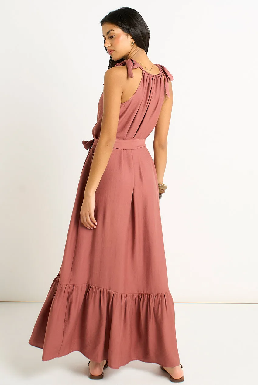 Gini London Tie Shoulder abito maxi ruggine con cintura
