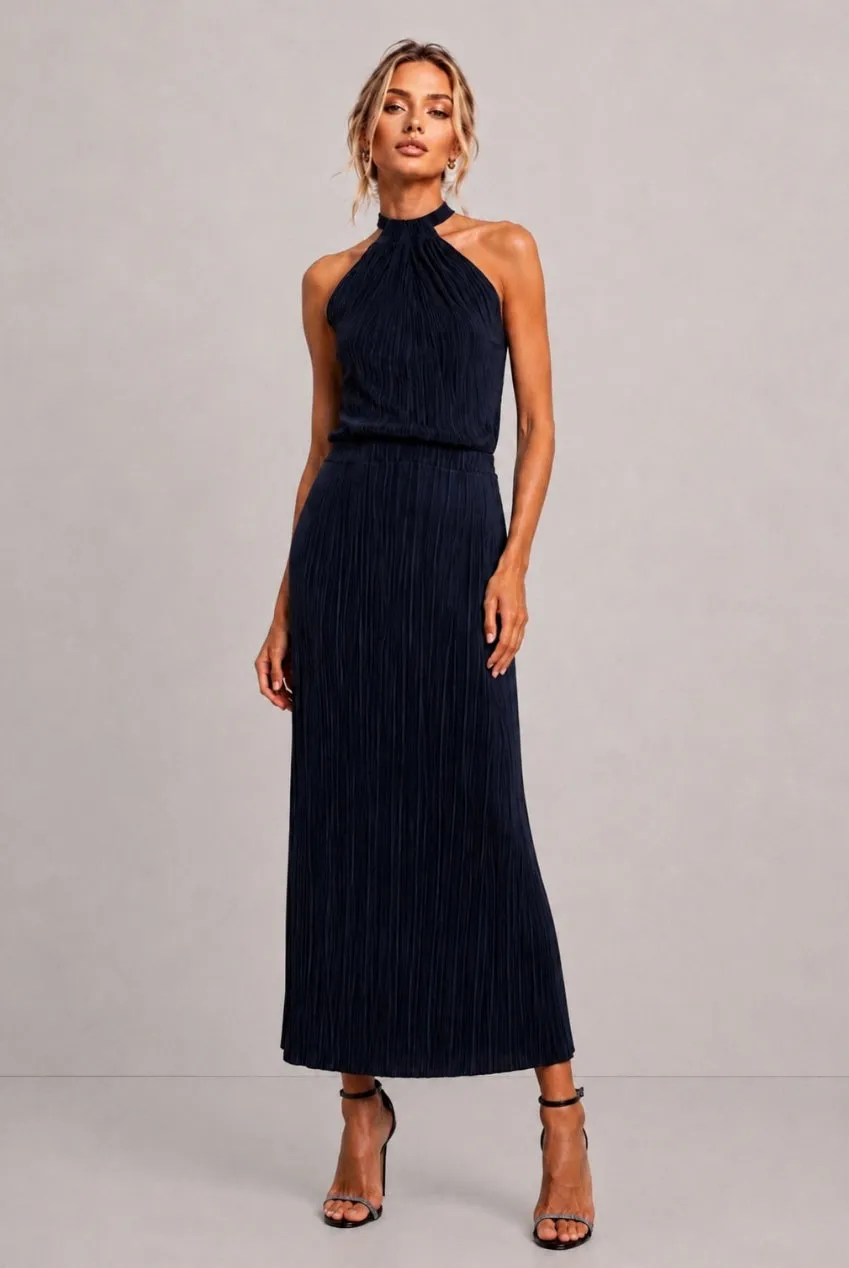 Honor Gold Milan Plisse top halterneck blu navy