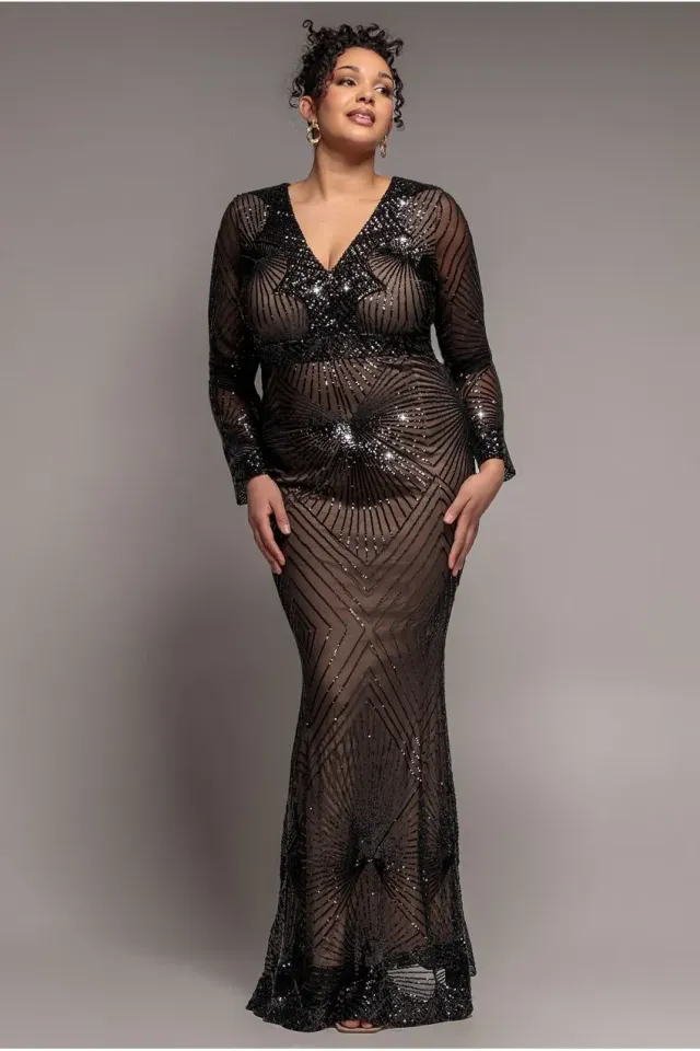 Goddiva Plus Starburst Sequin maxi abito nero