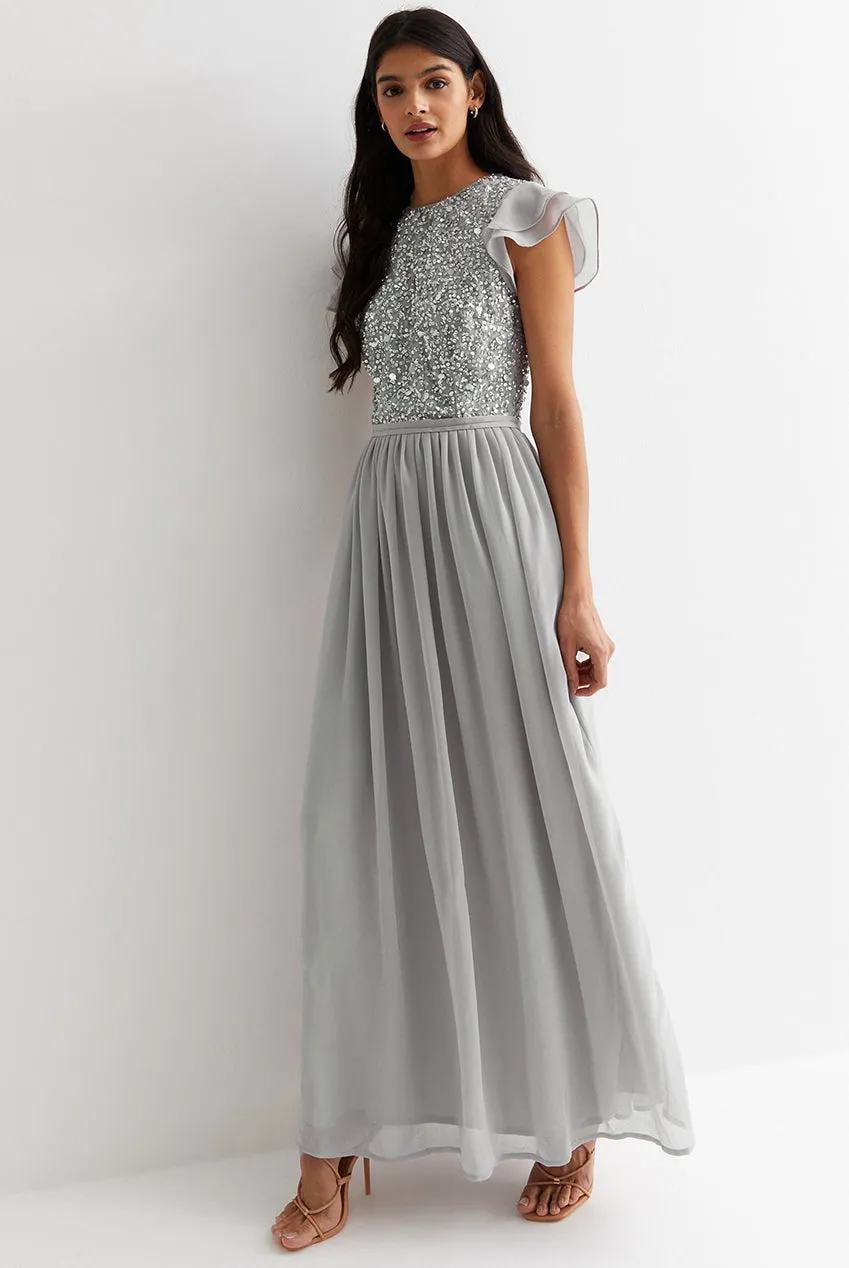 Gini London Embellished maxi abito argento ricamato