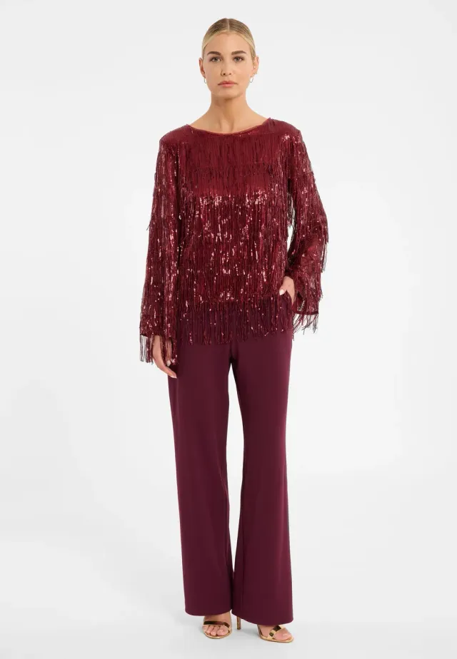 Ana Alcazar Cebata tuta elegante lunga bordeaux frange
