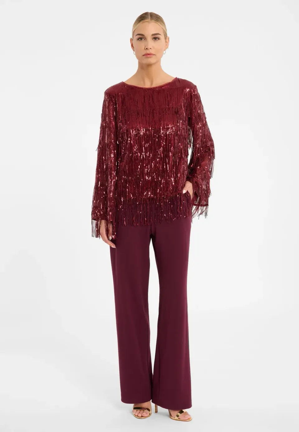 Ana Alcazar Cebata tuta elegante lunga bordeaux frange