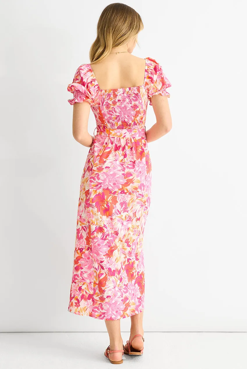 Gini London Abito Midi Floreale Rosso con Cintura e Maniche a Sbuffo