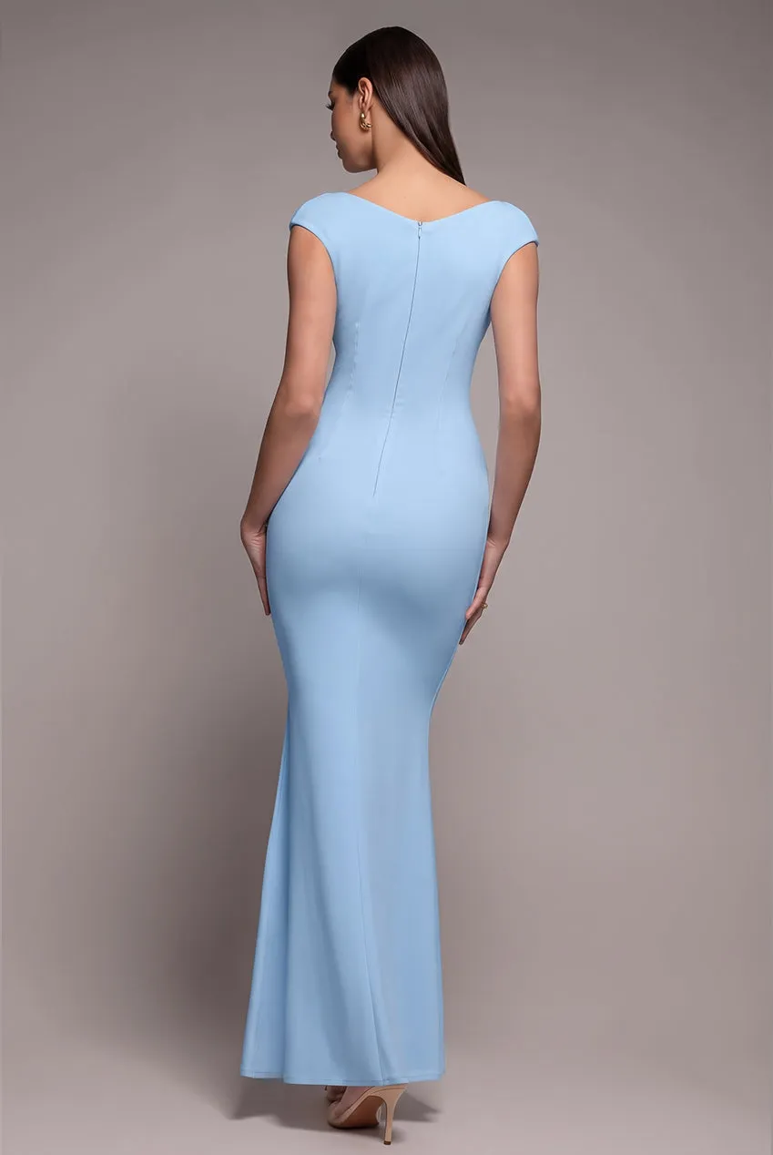 Goddiva Bardot abito lungo azzurro plissettato monospalla