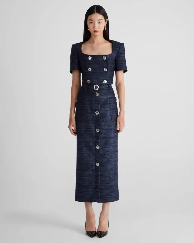 Violante Nessi Corot gonna matita blu tweed seta