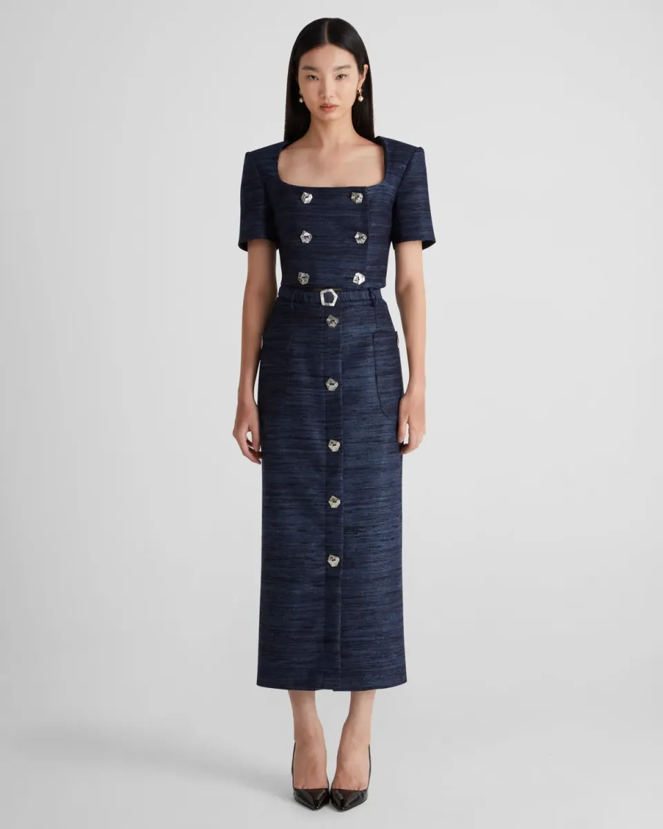 Violante Nessi Corot gonna matita blu tweed seta