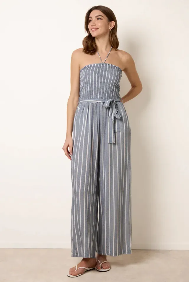 Blue Vanilla Bardot Tie Neck tuta gessata blu denim