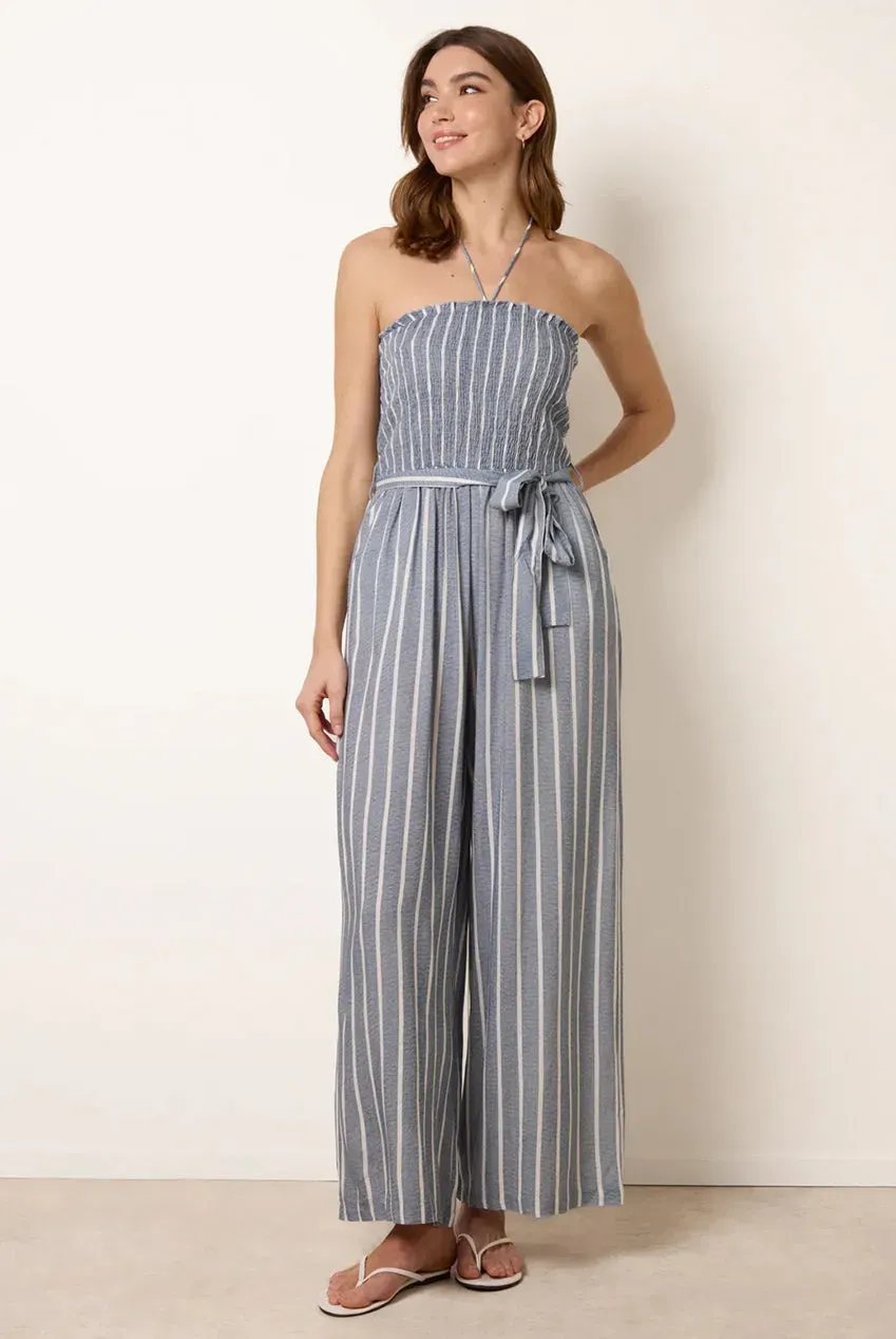 Blue Vanilla Bardot Tie Neck tuta gessata blu denim