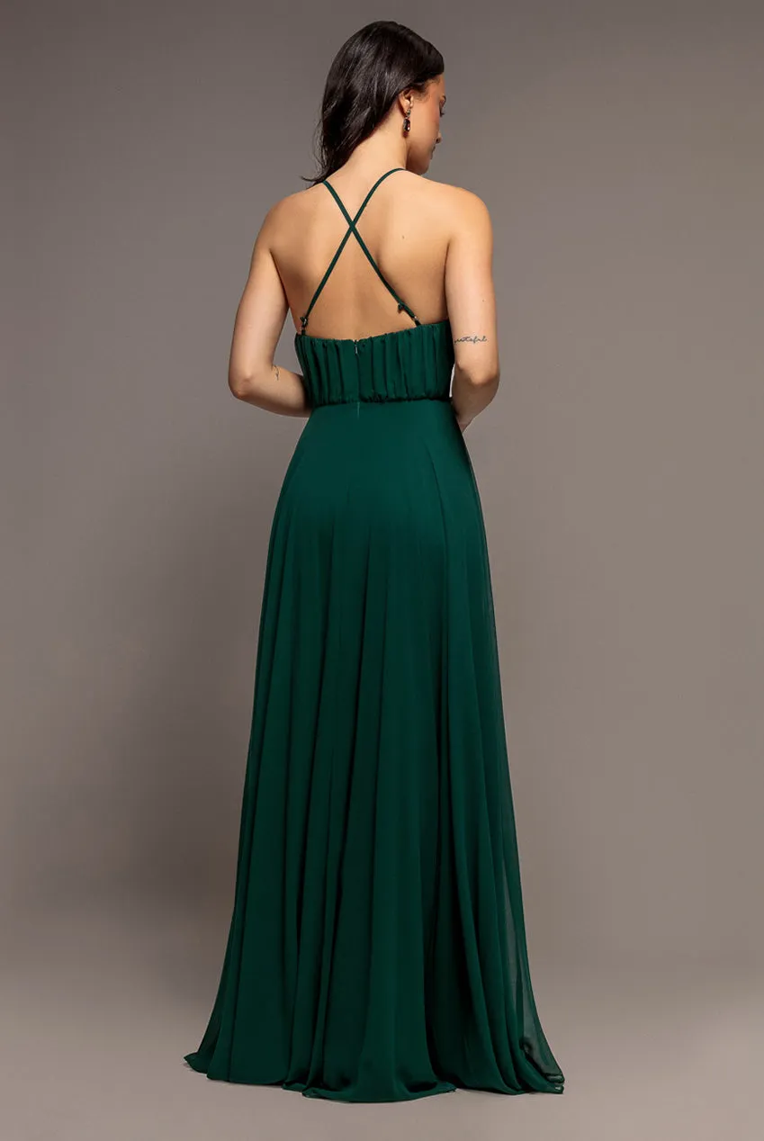 Goddiva Chiffon A Line abito maxi verde scuro senza maniche