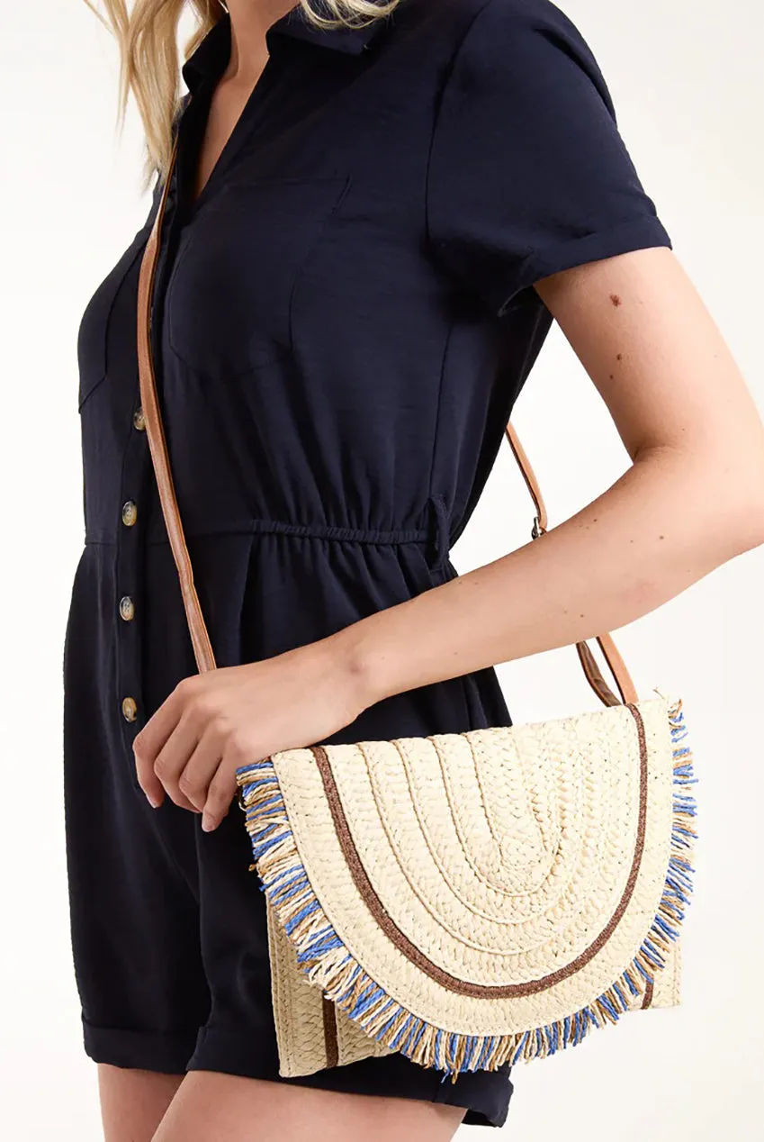 Blue Vanilla clutch paglia stone con frange e tracolla