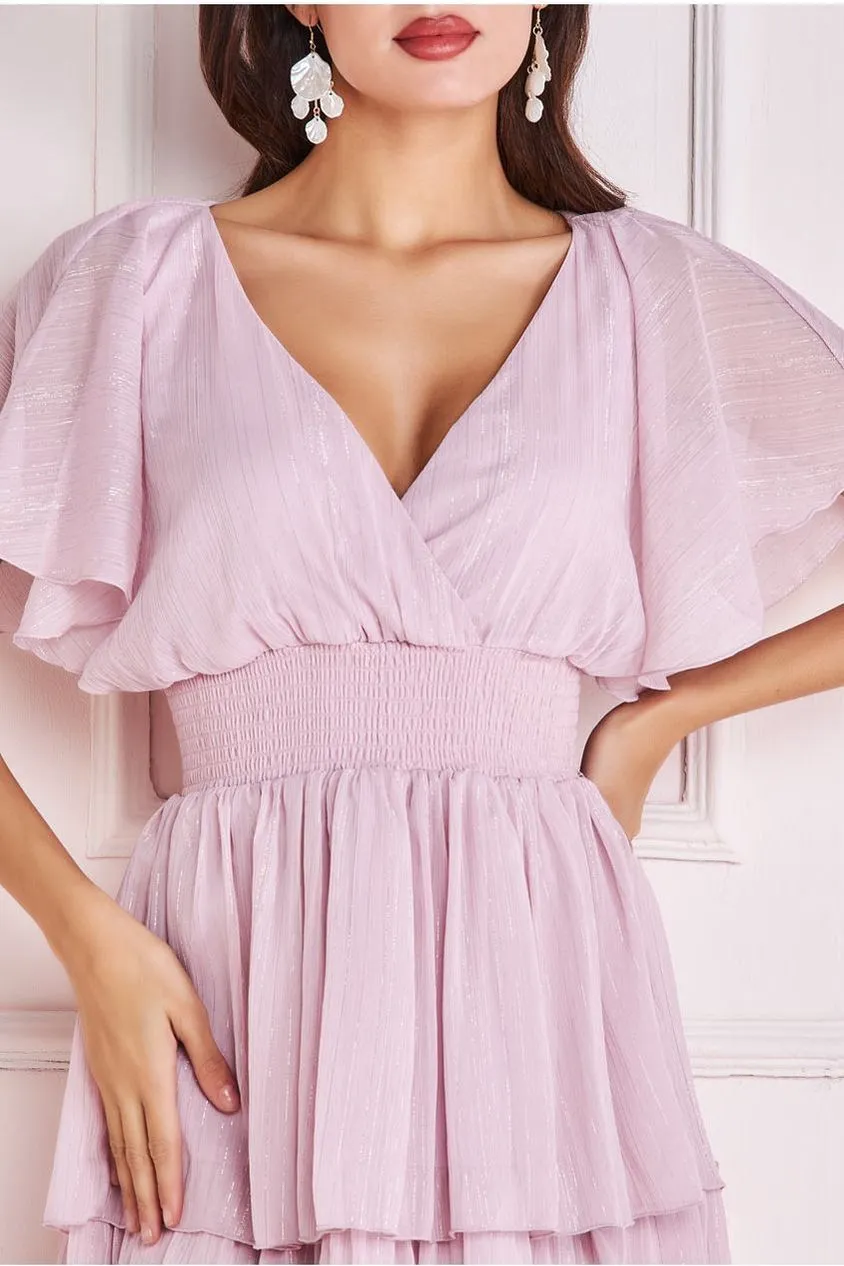 Goddiva Abito Chiffon Rosa Lurex a Balze Midi