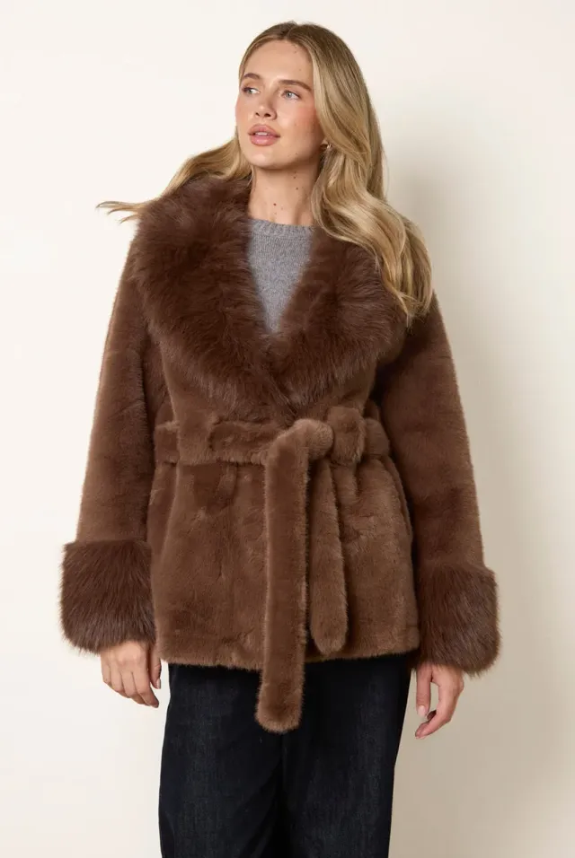Blue Vanilla Plush cappotto marrone pelliccia cintura