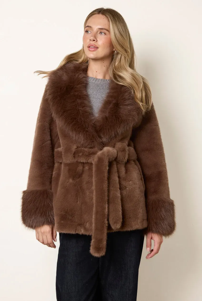 Blue Vanilla Plush cappotto marrone pelliccia cintura