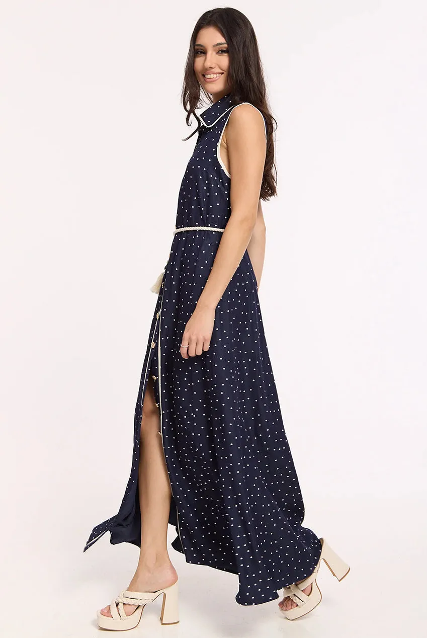 Liquorish Navy abito maxi blu a pois in tencel