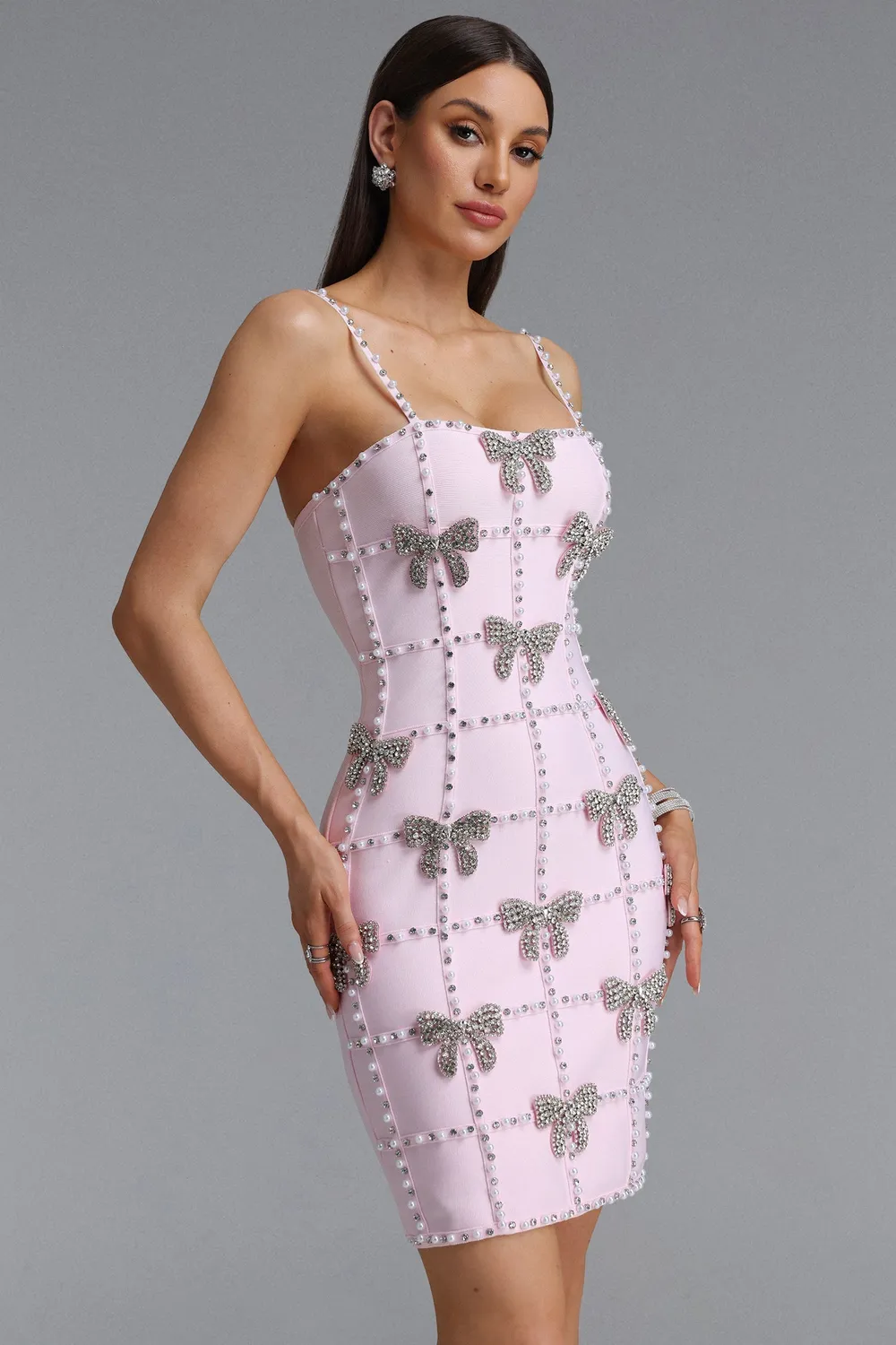 Bella Barnett Contour Bow abito mini rosa con strass