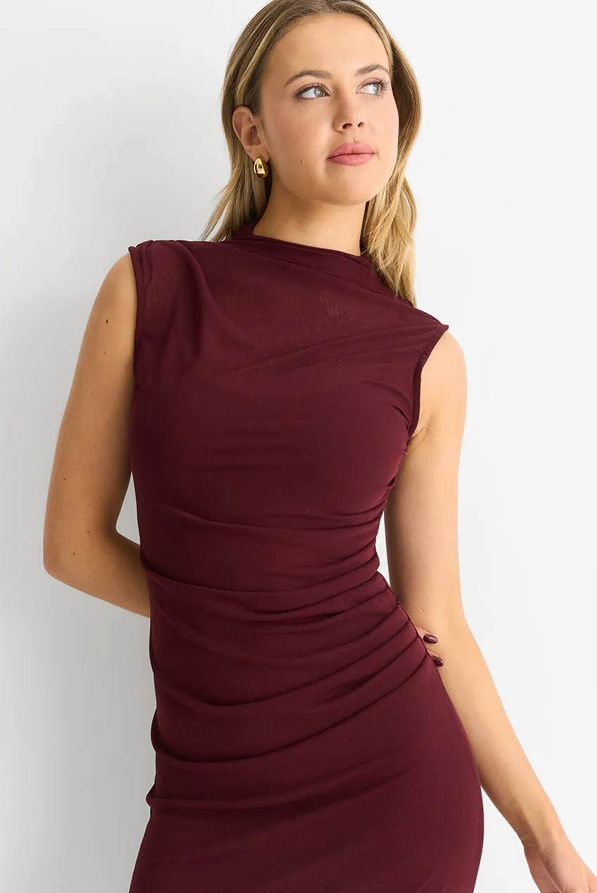Gini London Ruched Jersey abito midi bordeaux drappeggiato