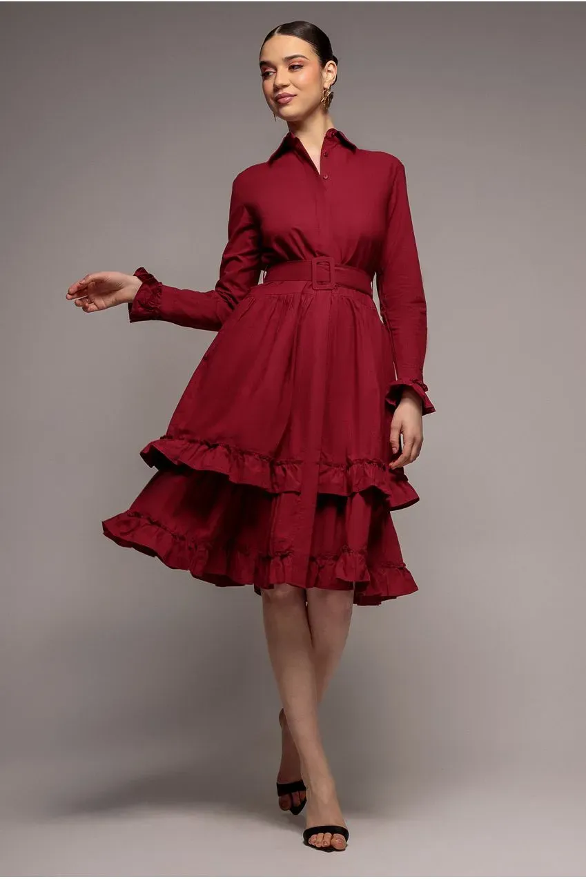 Goddiva Tiered Shirt abito midi wine cintura cotone