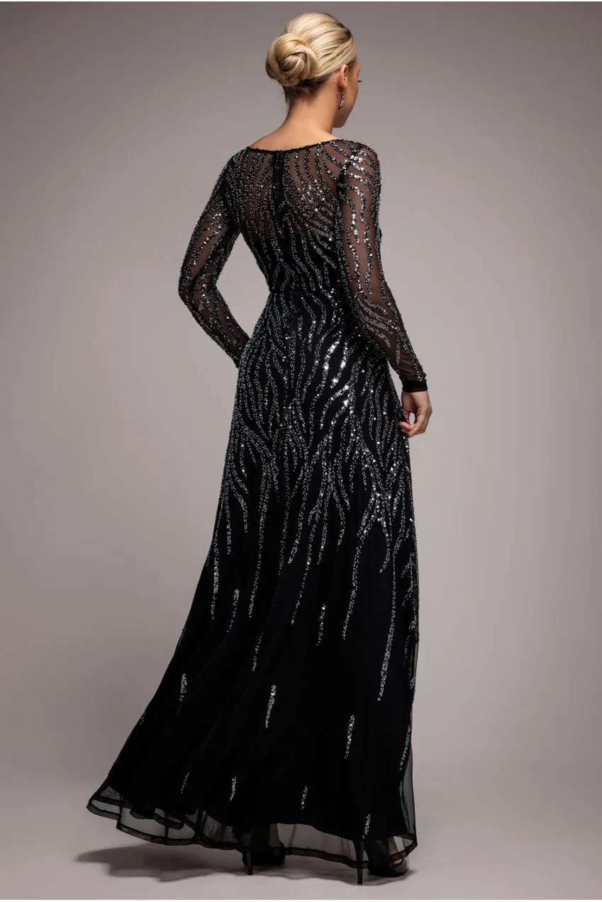 Goddiva Ombre Sequin Beaded Abito Lungo Nero Paillettes
