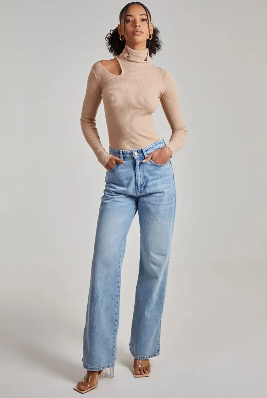 Pink Vanilla top maglia dolcevita camel ritaglio S