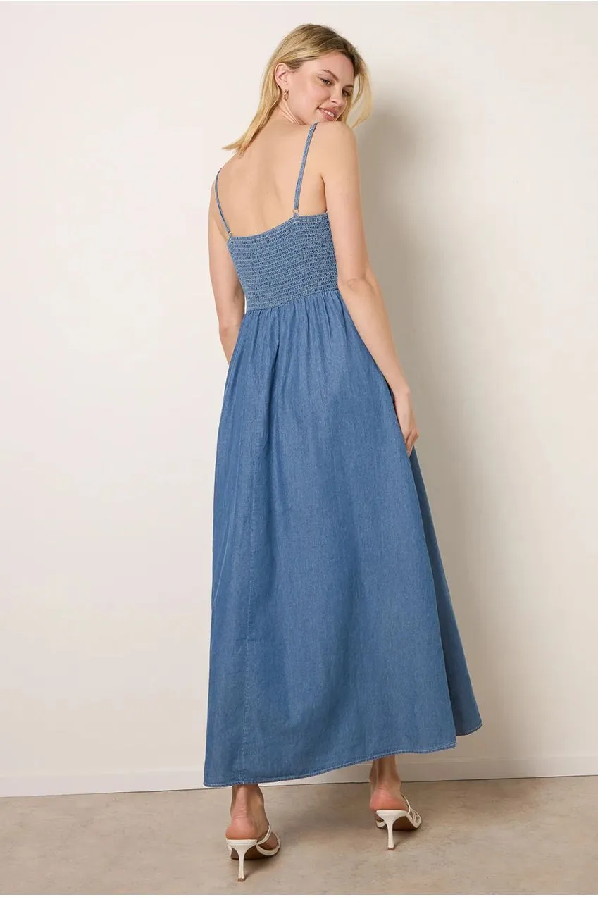 Blue Vanilla abito maxi ricamo floreale denim blue cotone