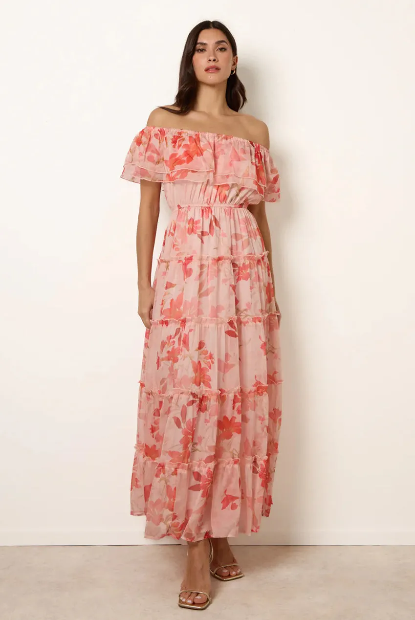 Blue Vanilla Off The Shoulder Maxi abito rosa floreale