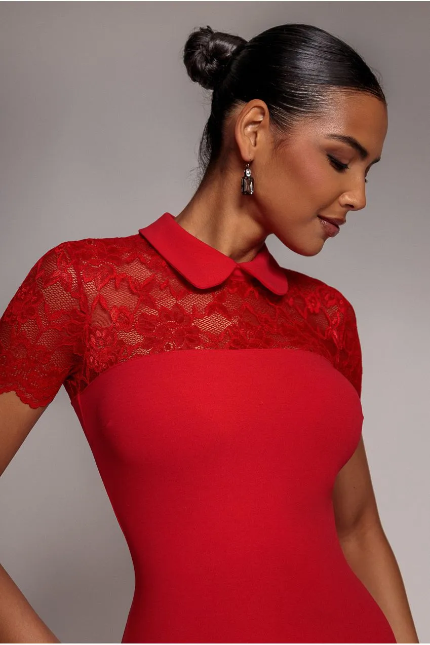 Goddiva Lace Detail Bodycon abito midi rosso pizzo